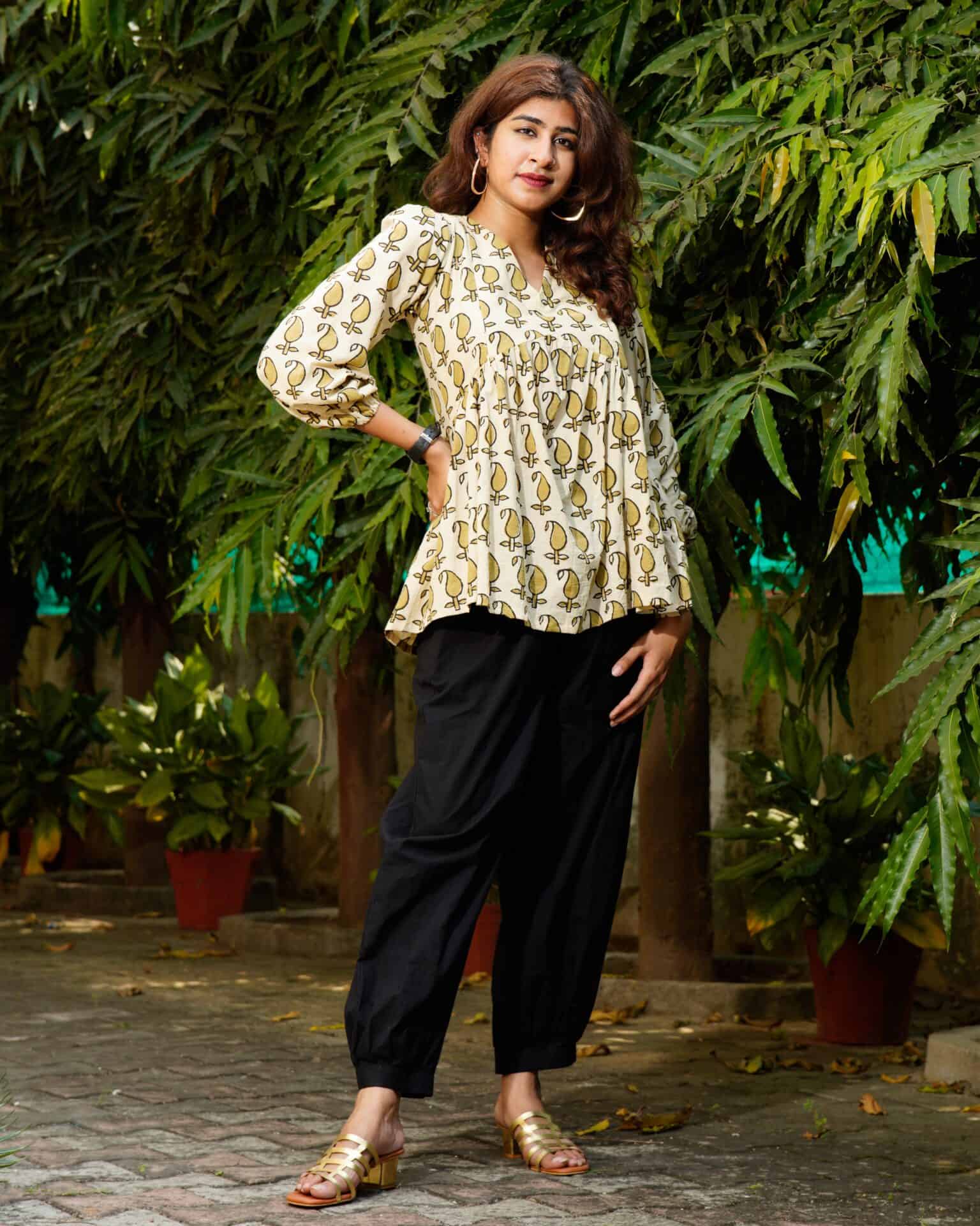 Mustard Block Print Maternity Short Kurti