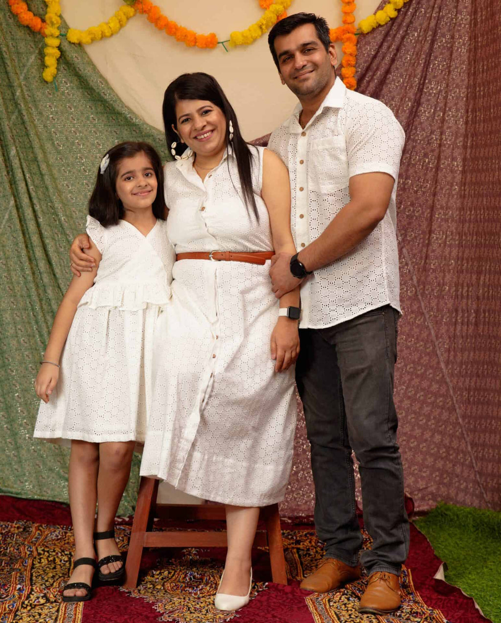 White Cutwork Collared Family Set