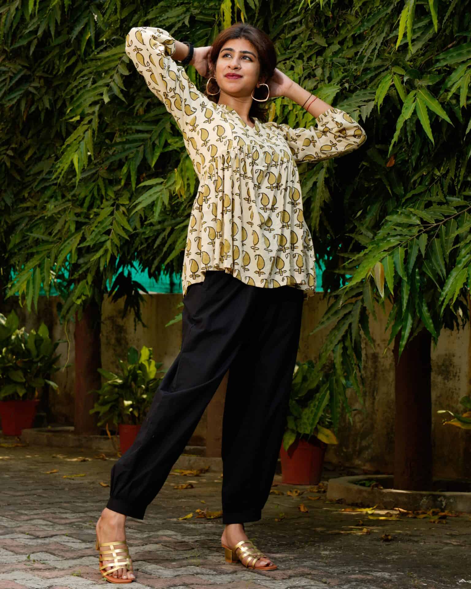 Mustard Block Print Short Kurti