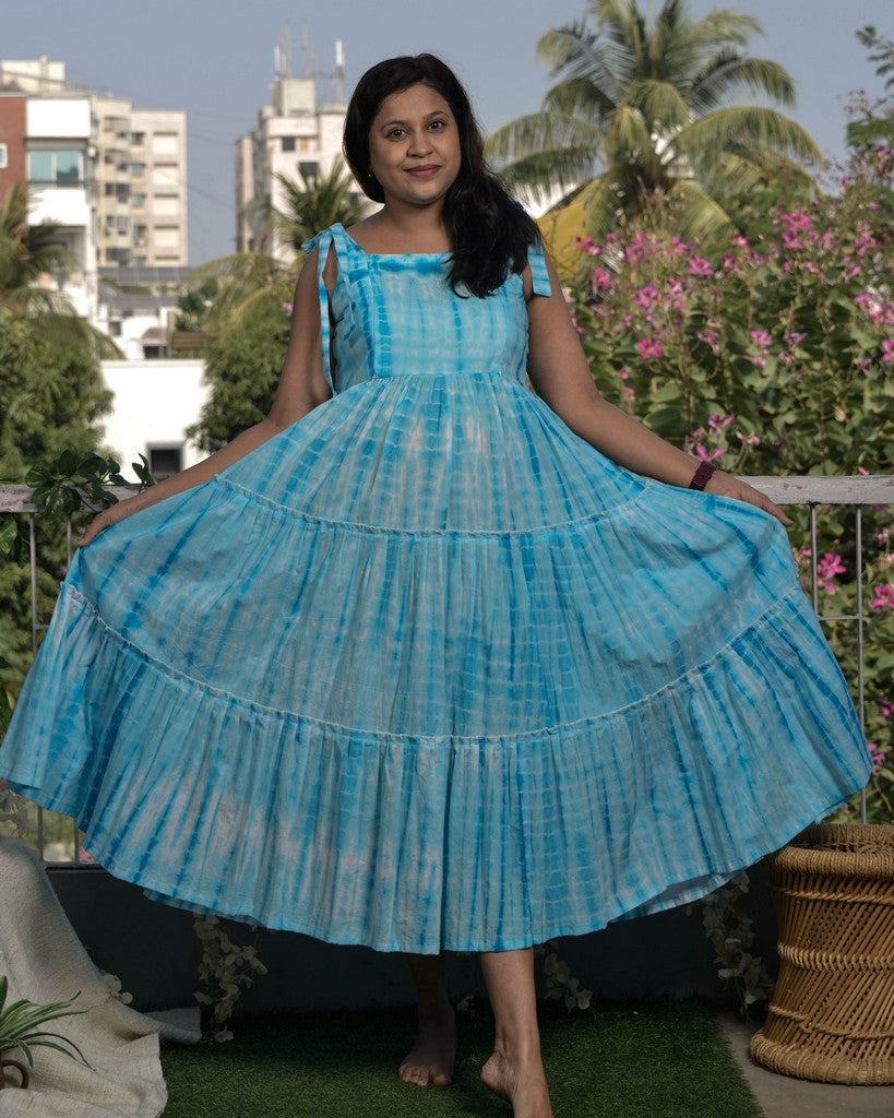 Blue Shibori Tie Up Maternity Dress