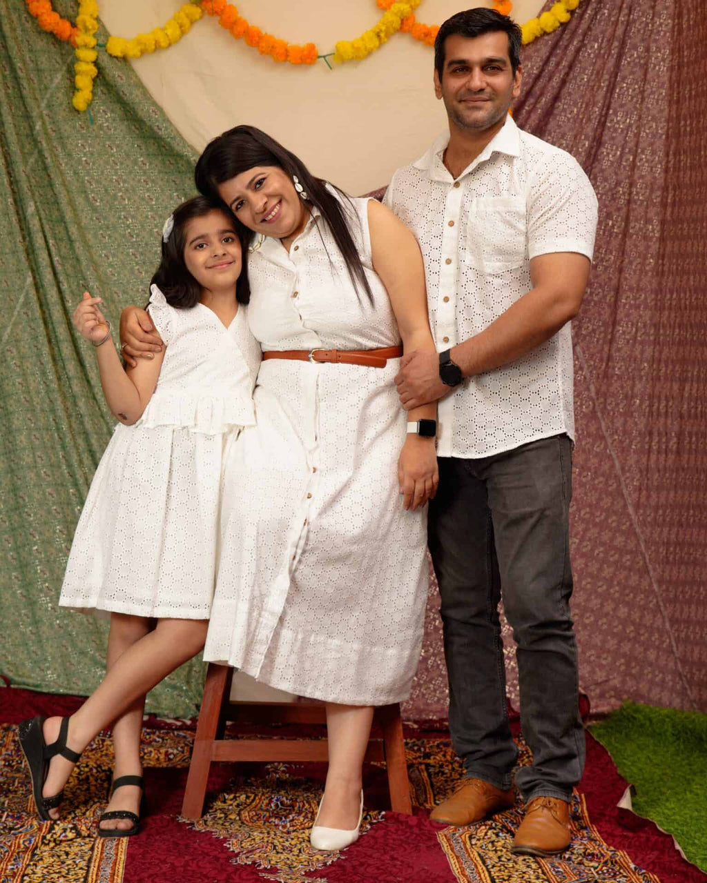 White Cutwork Collared Family Set