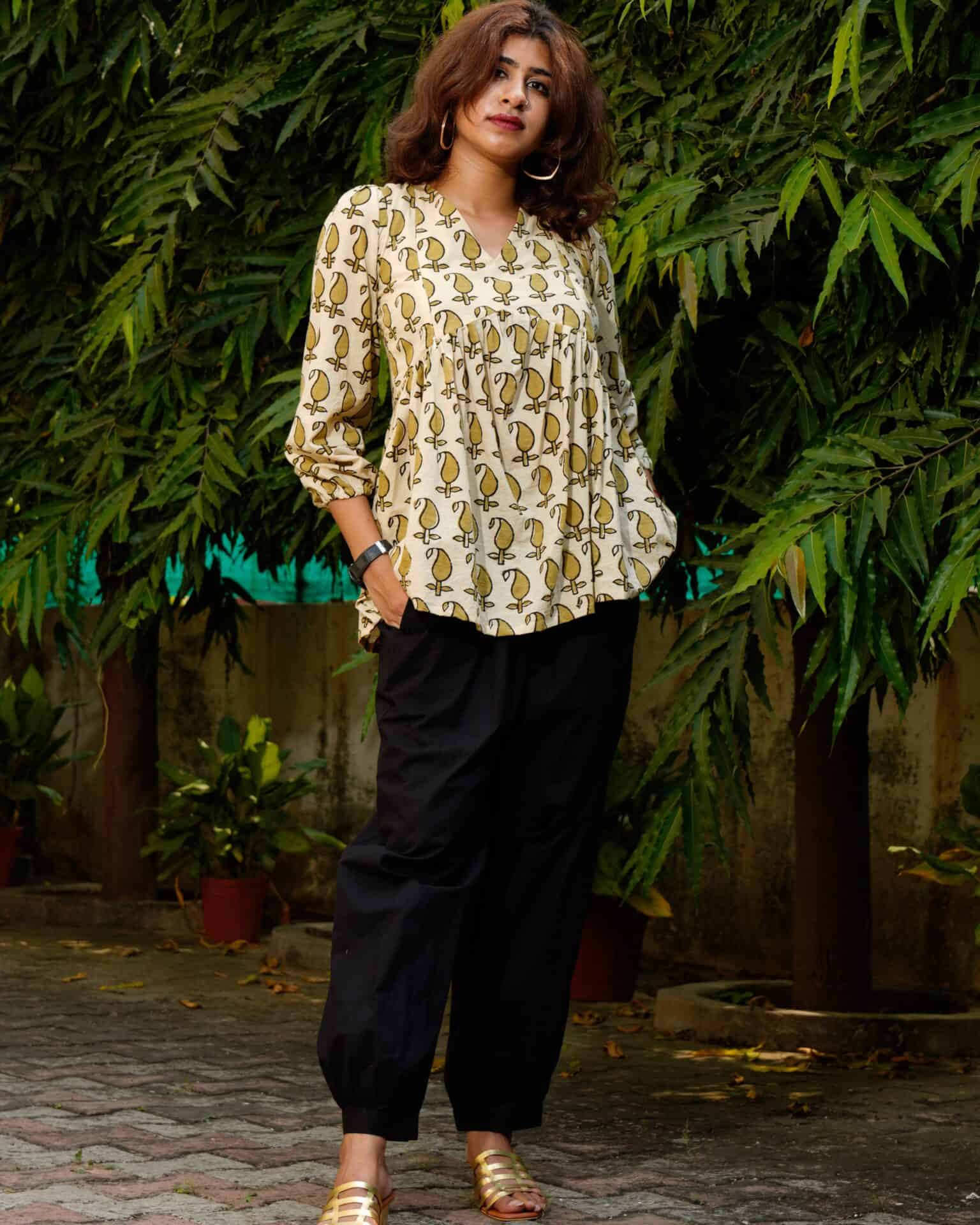 Mustard Block Print Maternity Short Kurti