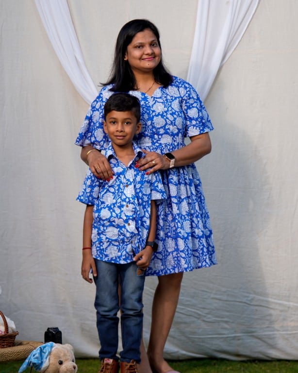 Blue Bloom Short Dress Mother Son Twinning