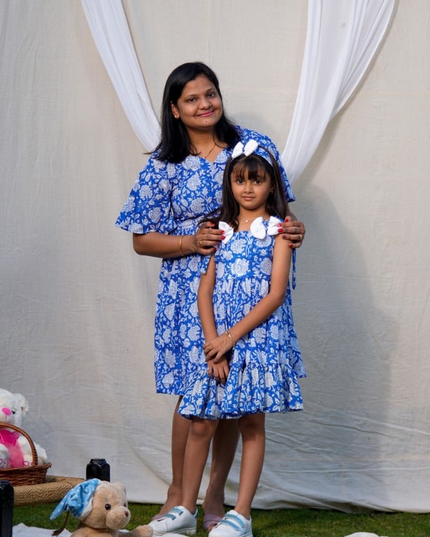 Blue Bloom Short Dress Mother Daughter Twinning