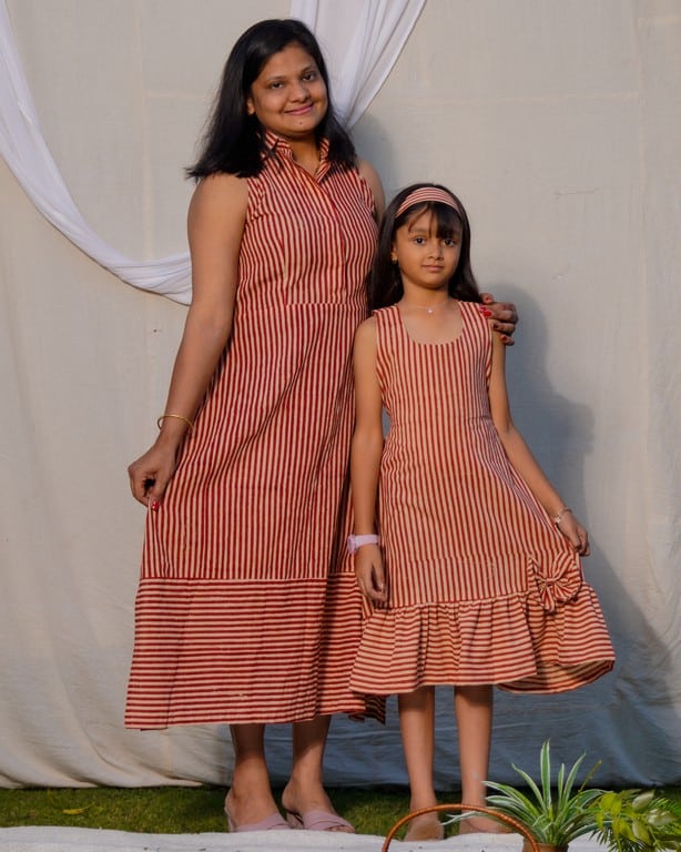 Brick Red Striped Halter Midi Family Set