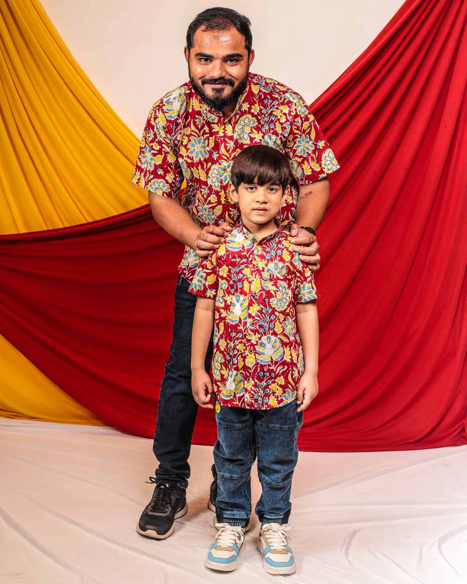 Leafing Red Floral Father Son Twinning