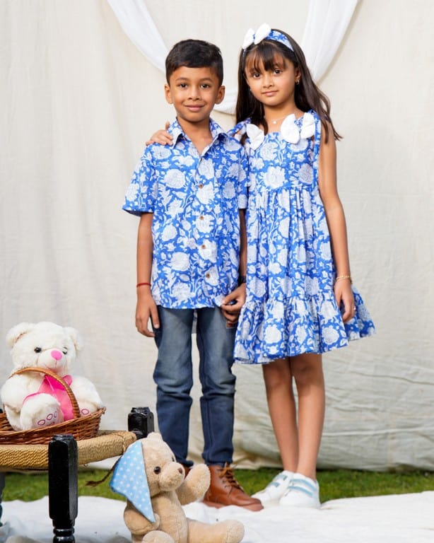 Blue Bloom Short Dress Mother Daughter Twinning