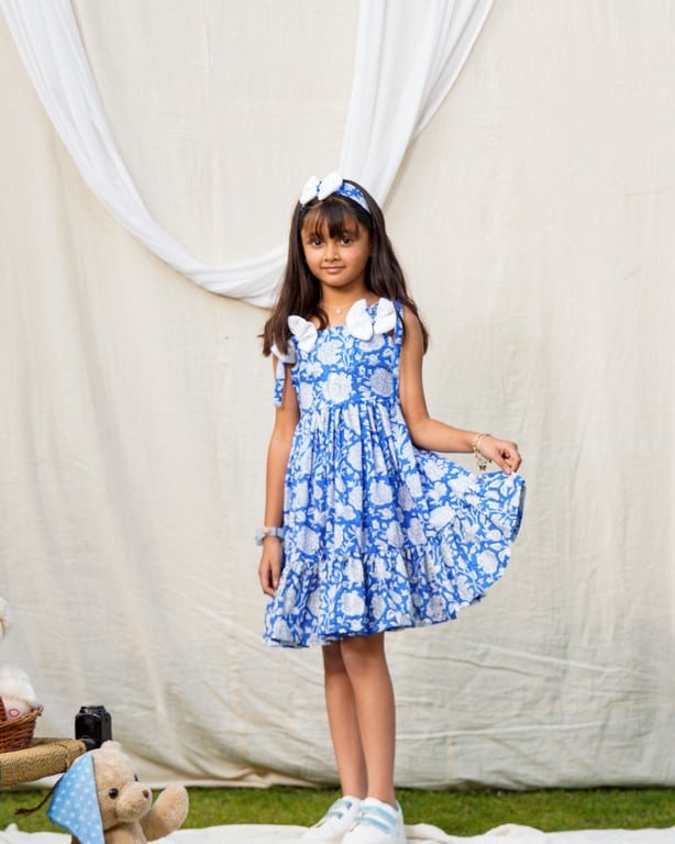 Blue Bloom Short Dress Mother Daughter Twinning