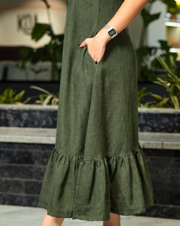 Green Checkered Strappy Maternity Dress