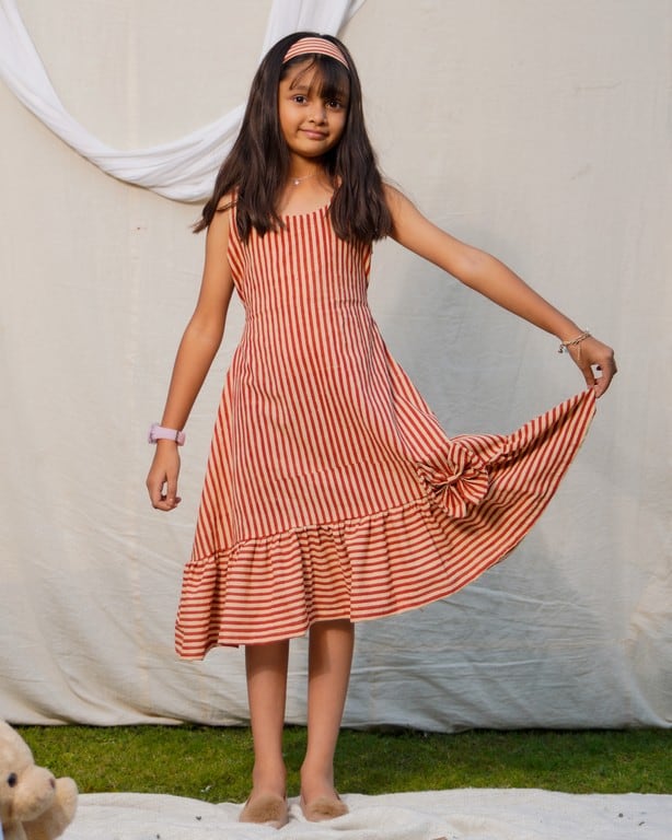 Brick Red Striped Halter Midi Family Set
