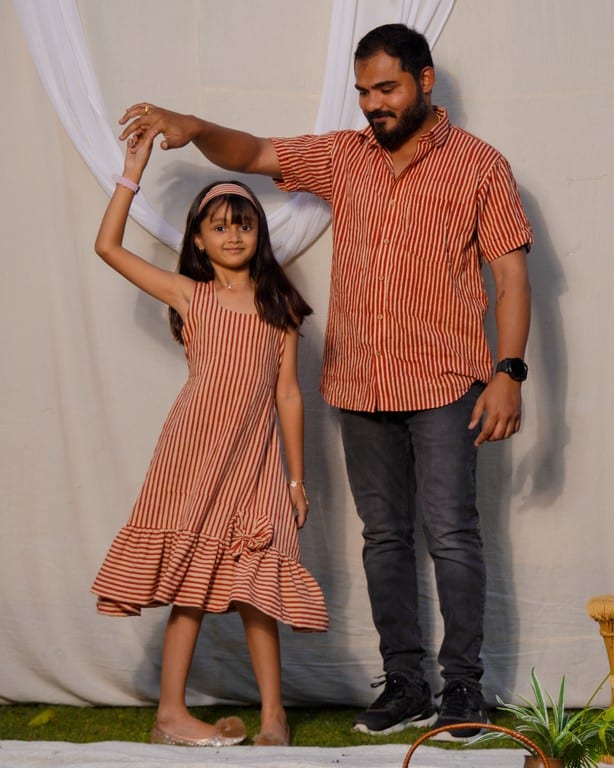 Brick Red Striped Father Daughter Twinning