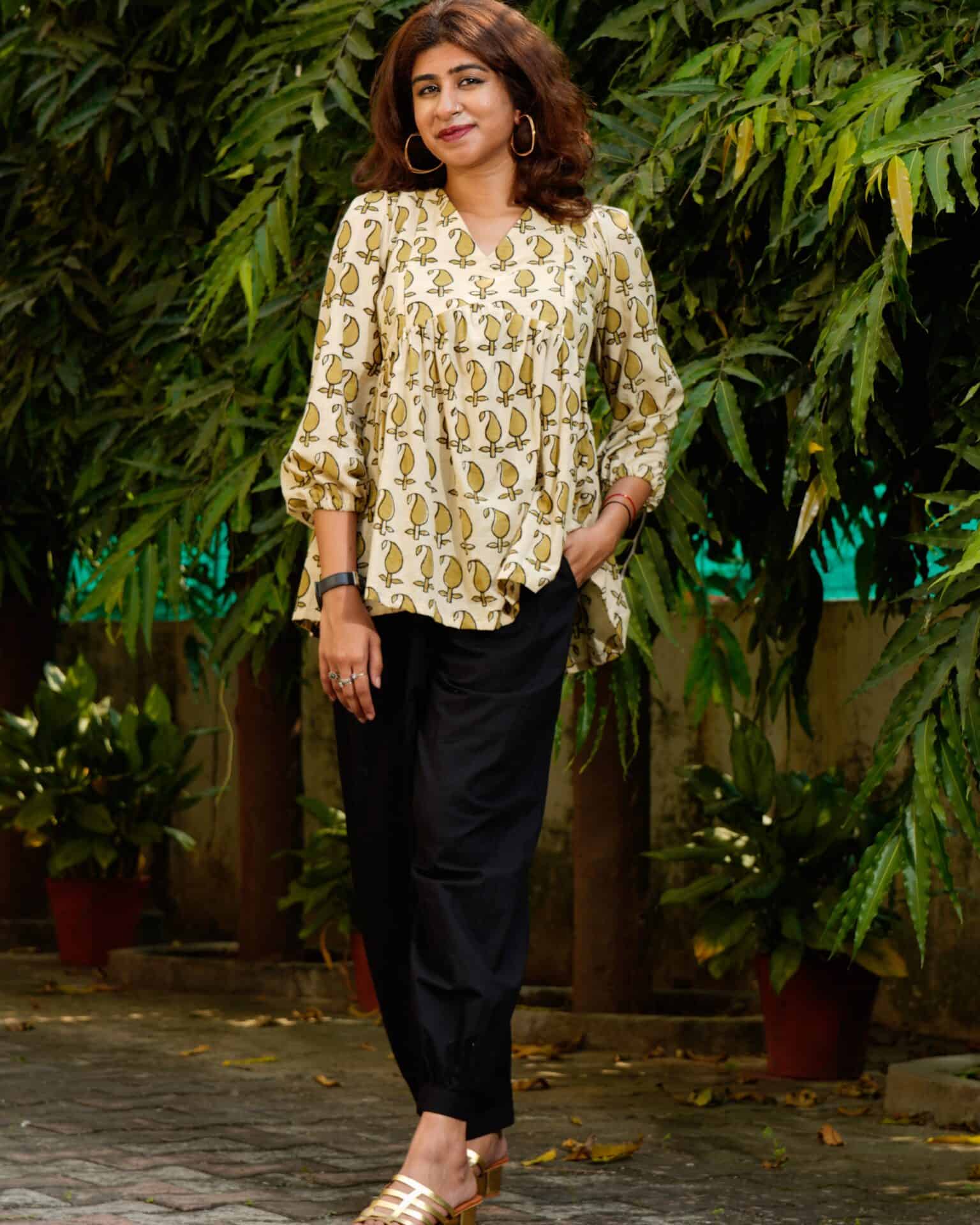 Mustard Block Print Short Kurti