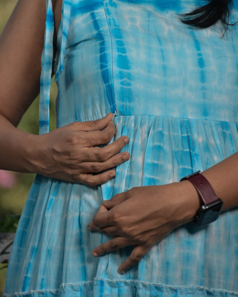Blue Shibori Tie Up Maternity Dress