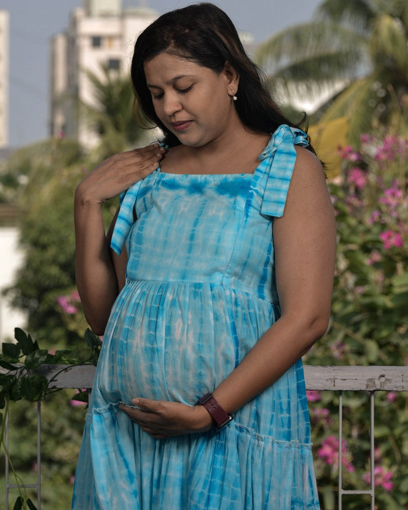 Blue Shibori Tie Up Maternity Dress