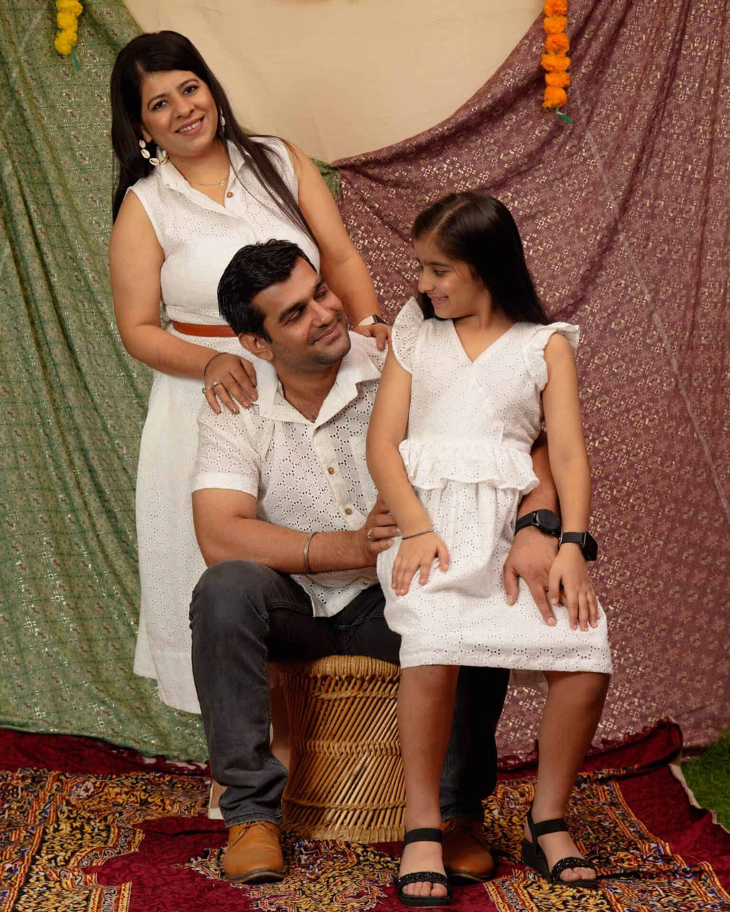 White Cutwork Collared Family Set