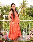 Tangy Orange Ikat Strappy Maternity Dress