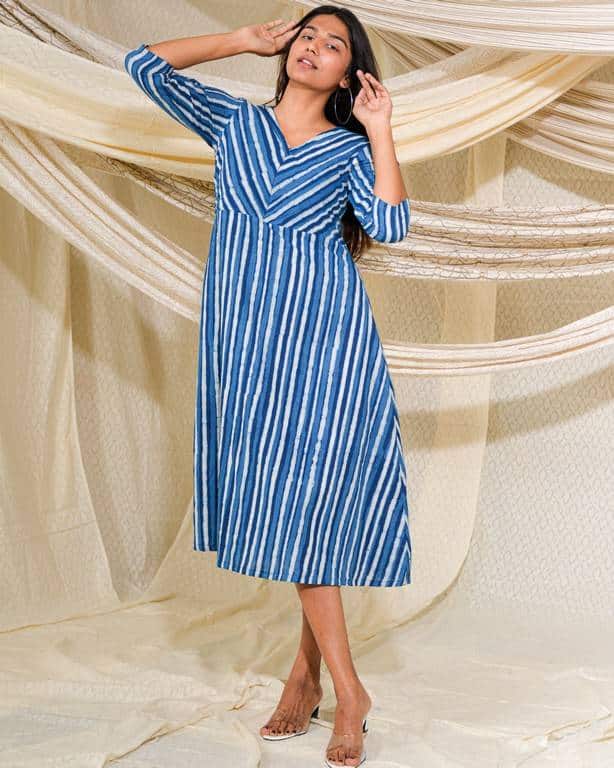 Indigo Striped A Line Dress