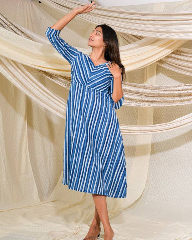 Indigo Striped A Line Dress