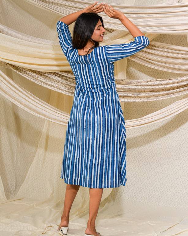 Indigo Striped A Line Dress
