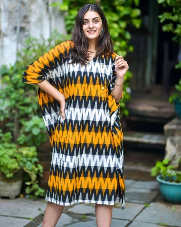 Mustard Yellow Ikat Kaftan Nursing Dress