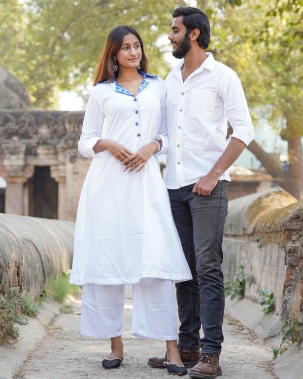 Oceanic White Kurta with Plazzo Couple Set