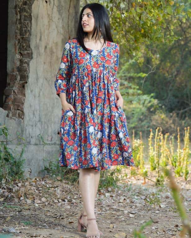 Crimson Blue Floral Short Dress
