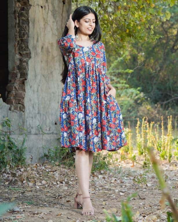 Crimson Blue Floral Short Dress
