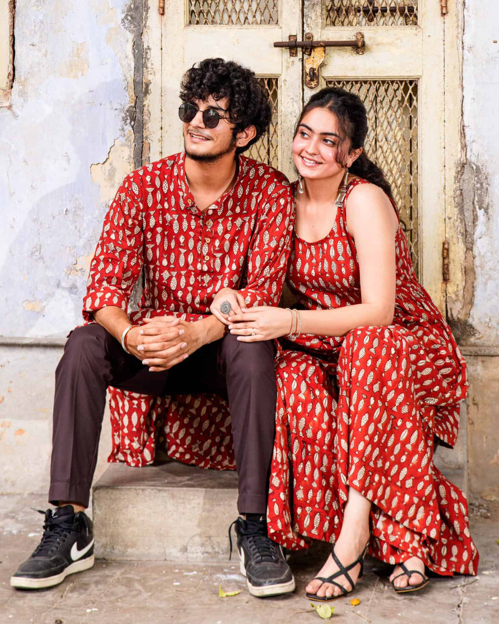 Red Fish Print  Sharara Couple Set