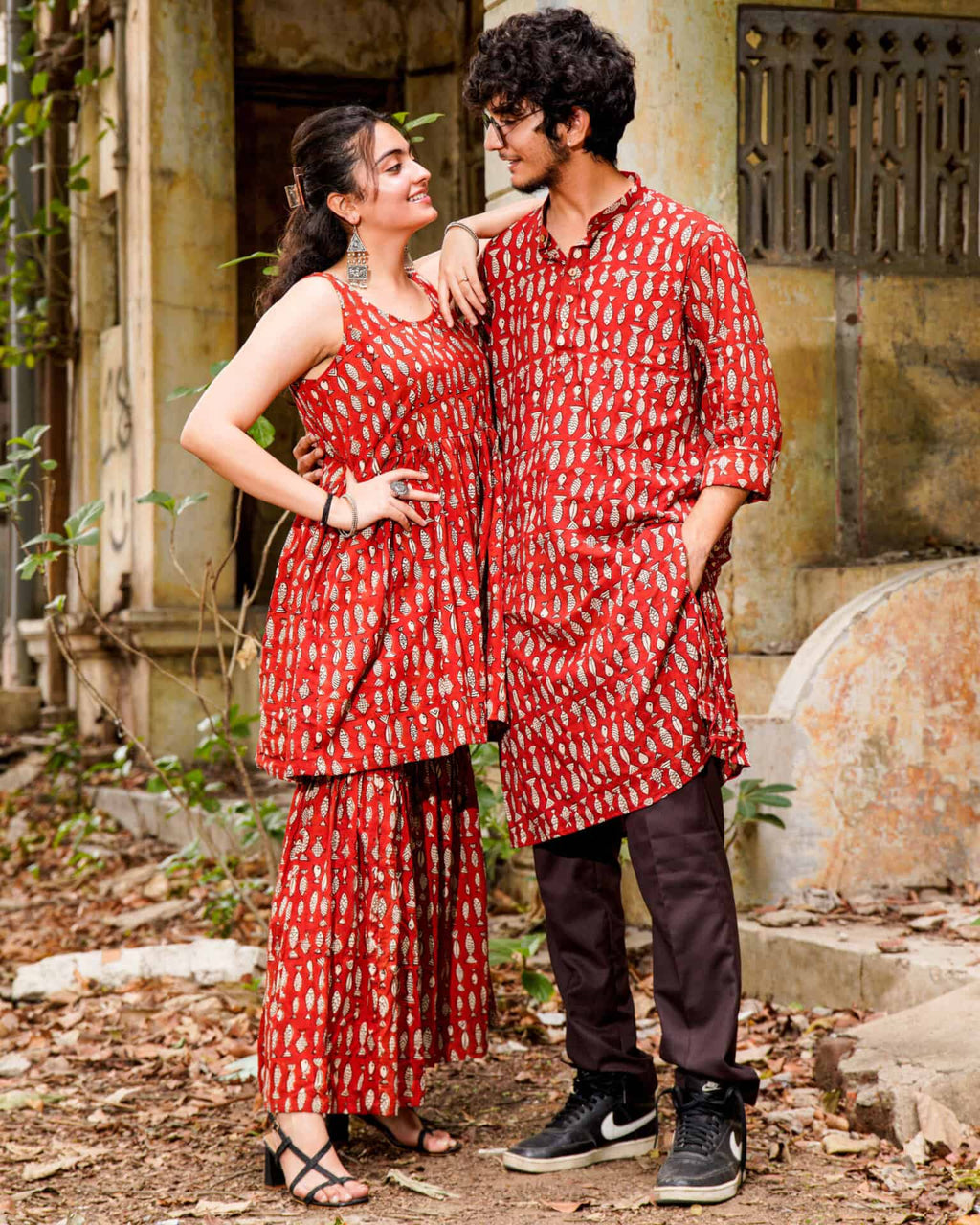 Red Fish Print  Sharara Couple Set