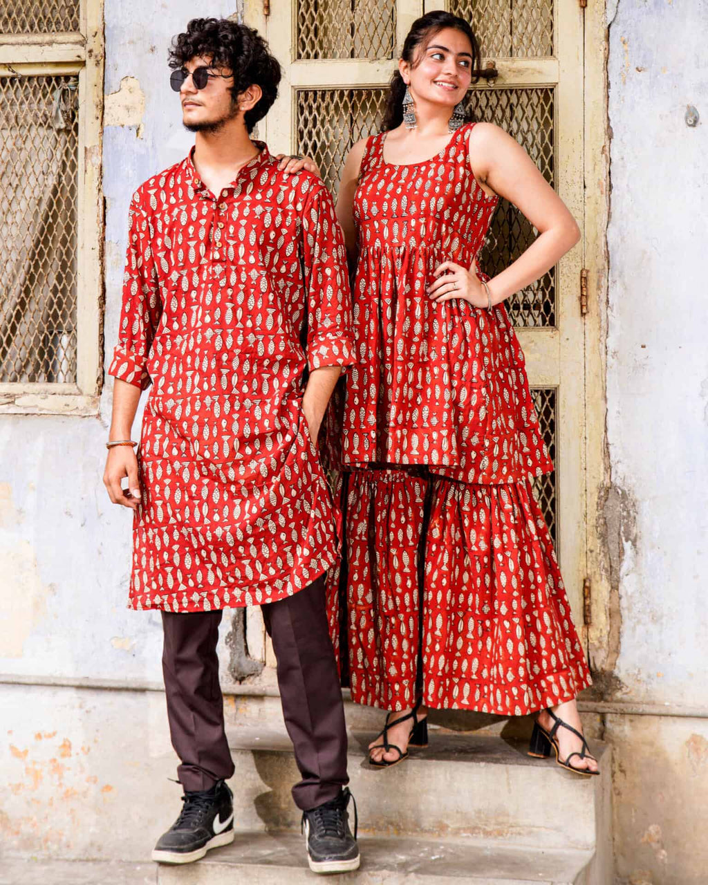 Red Fish Print  Sharara Couple Set