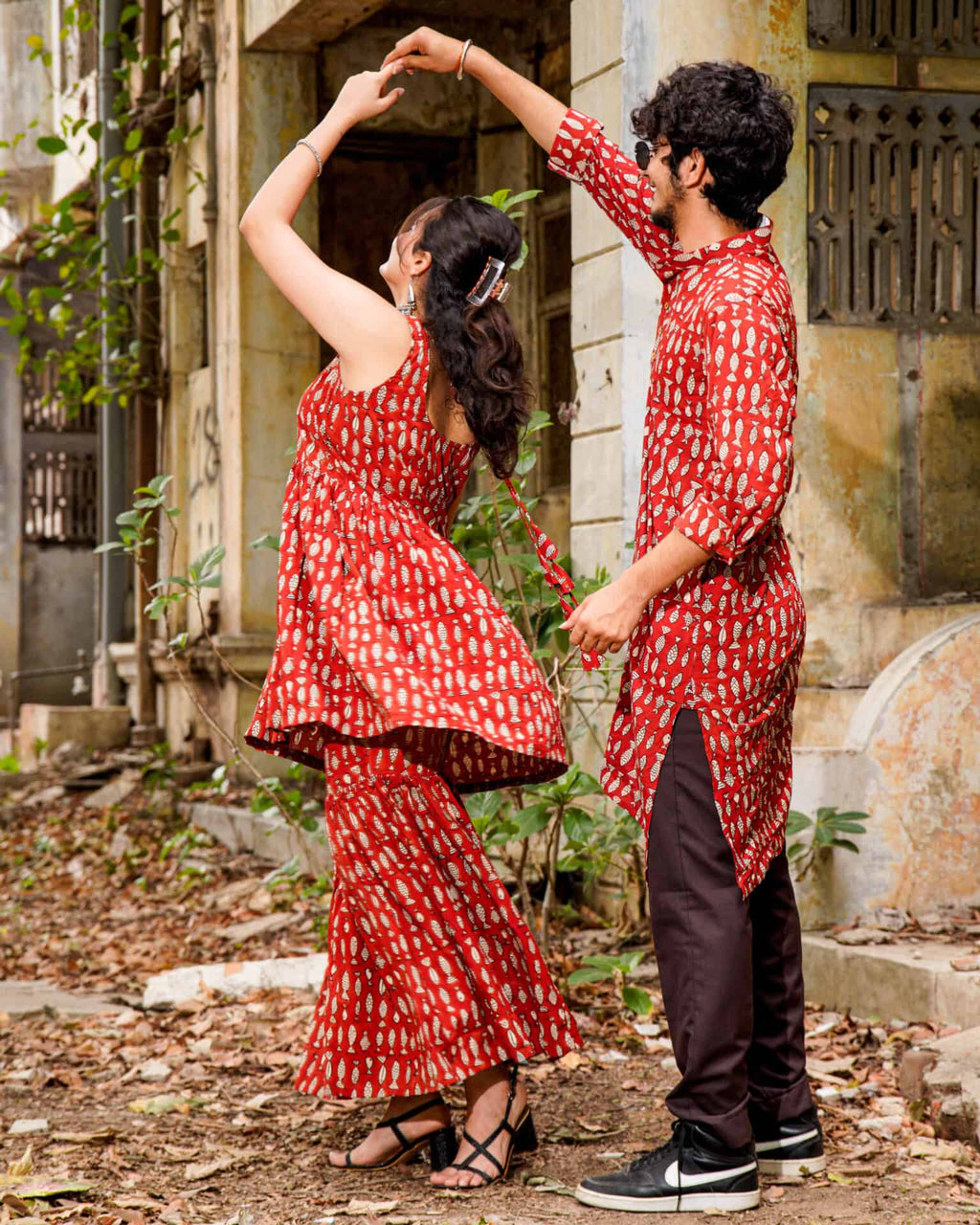 Red Fish Print  Sharara Couple Set