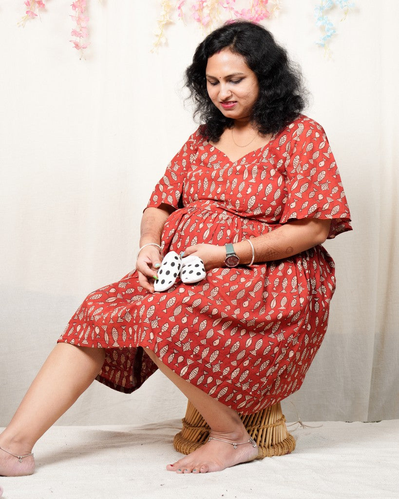 Fish Red Print Short Maternity Dress