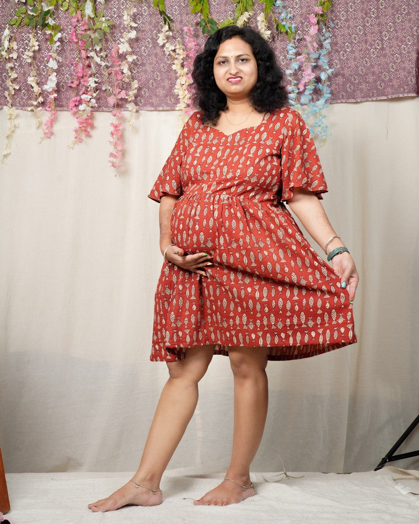 Fish Red Print Short Maternity Dress