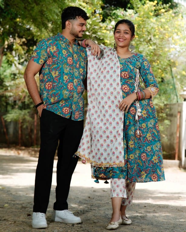 Turquoise Lily Angrakha Couple Set
