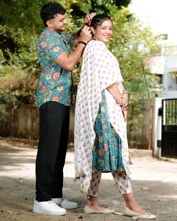 Turquoise Lily Angrakha Couple Set