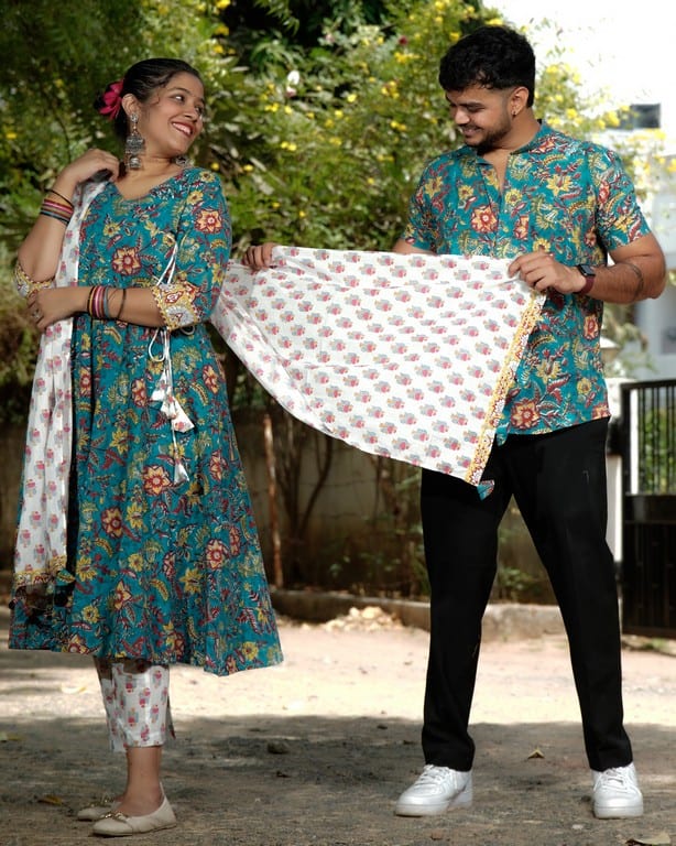 Turquoise Lily Angrakha Couple Set