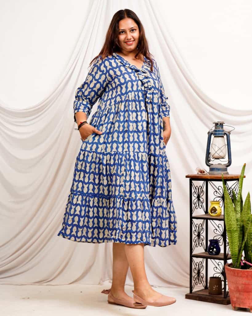 Blue fish Print Long Frill Plus Size Dress