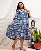 Blue fish Print Long Frill Plus Size Dress