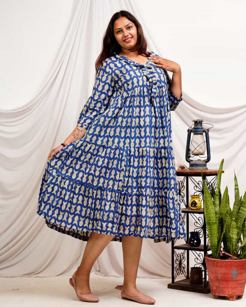 Blue fish Print Long Frill Plus Size Dress