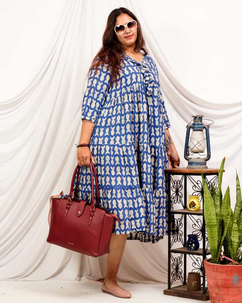 Blue fish Print Long Frill Plus Size Dress