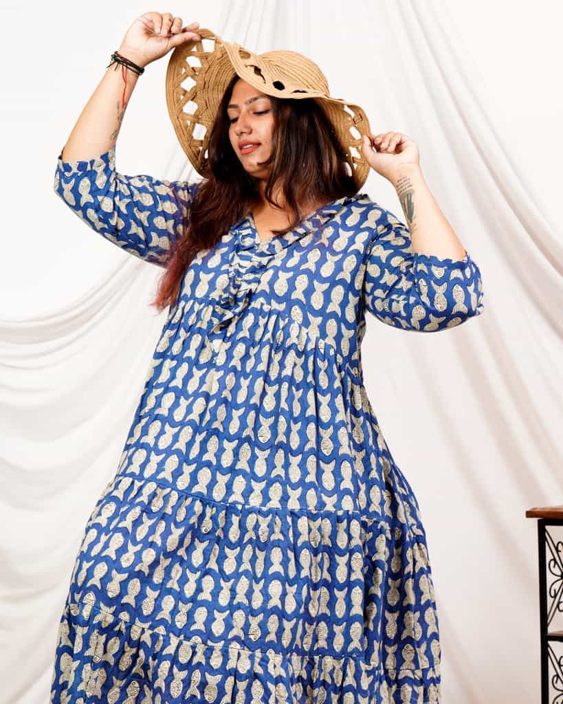 Blue fish Print Long Frill Plus Size Dress