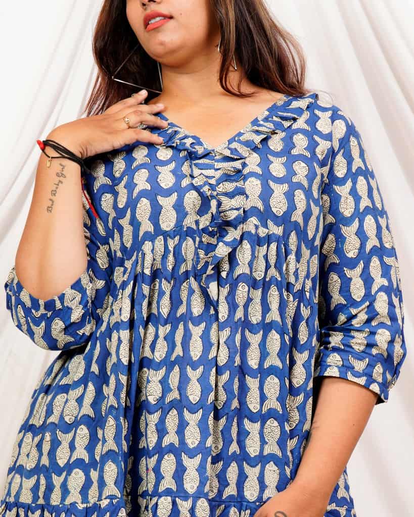 Blue fish Print Long Frill Plus Size Dress