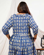 Blue fish Print Long Frill Plus Size Dress