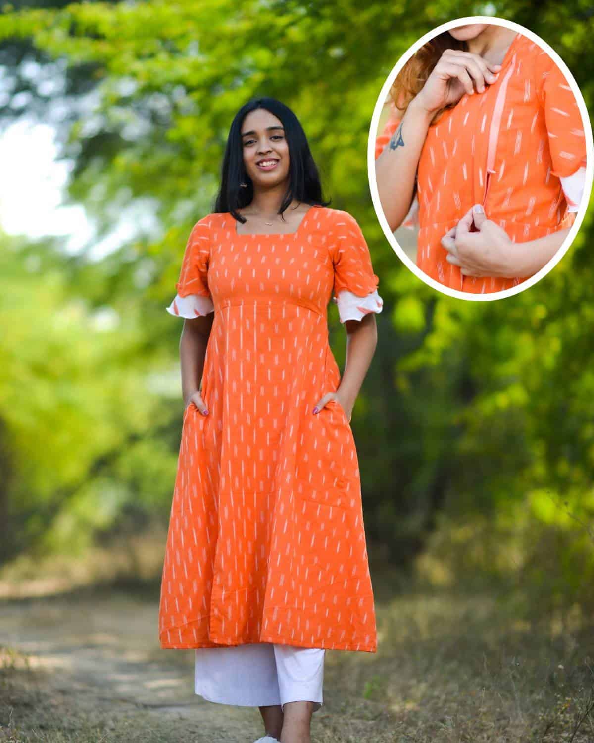 Orange Obsession Ikat Front Slit Nursing Dress