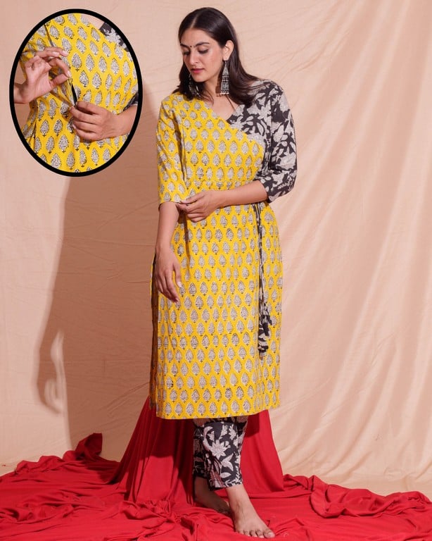 Leafing Yellow Straight Maternity Kurta Set