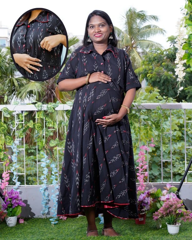 Black Ikat Collared Maternity Dress
