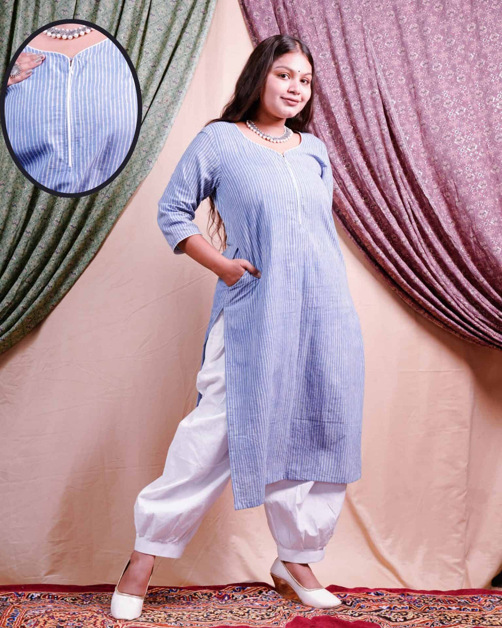 Powder blue stripes maternity kurti