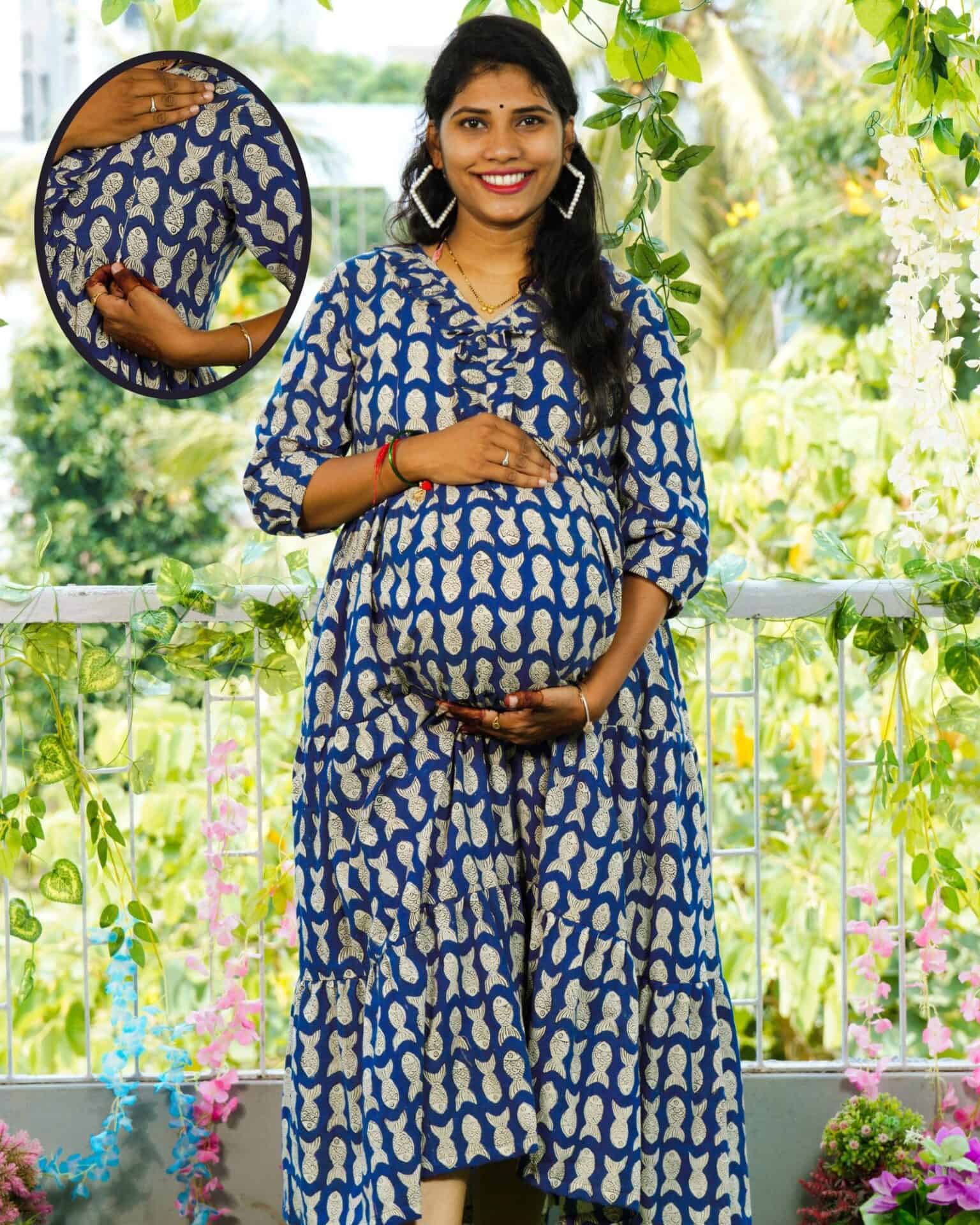 Blue Fish Print Long Frill Maternity Dress Main image