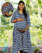 Blue Fish Print Long Frill Maternity Dress