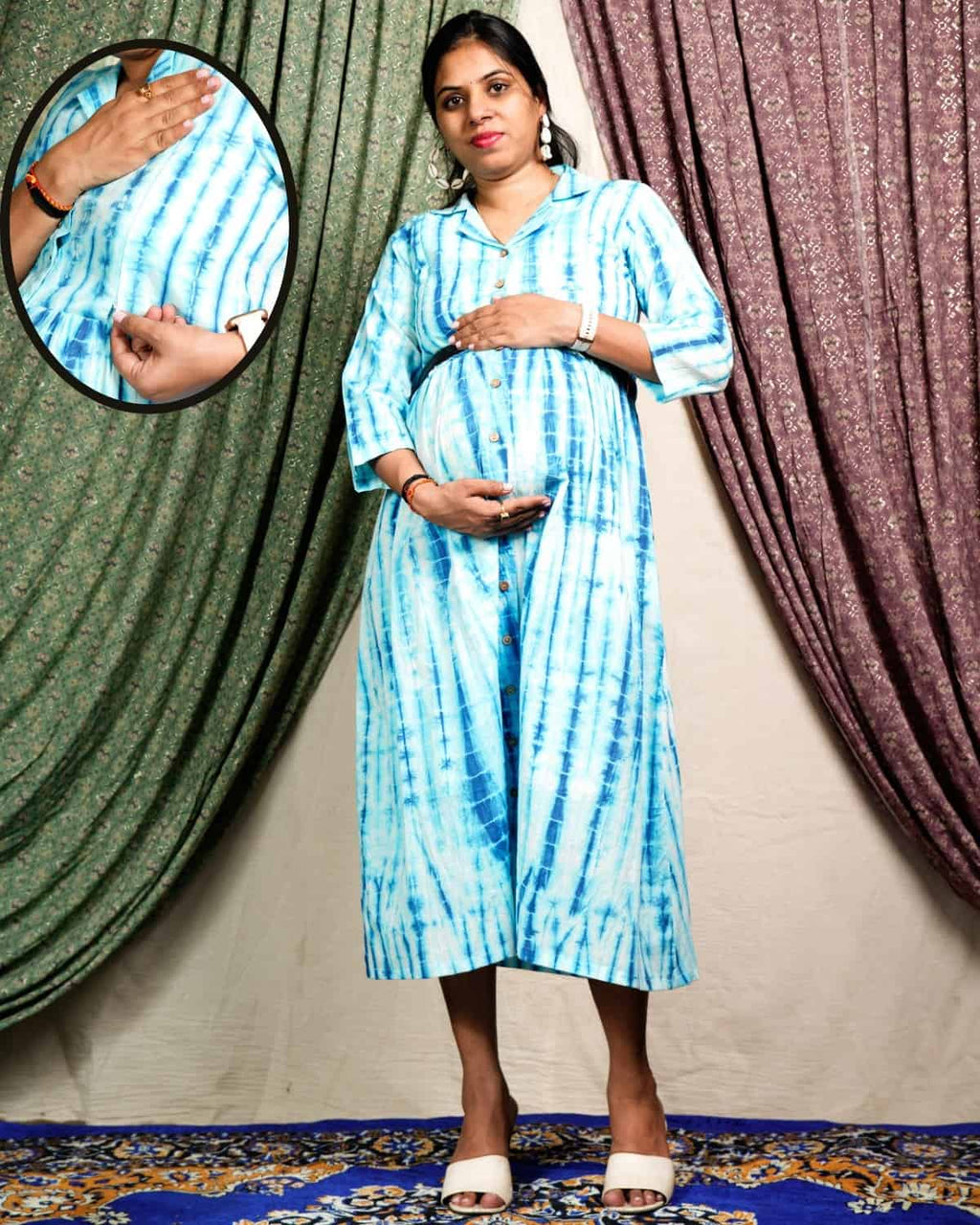 Blue Shibori Punch Maternity Dress